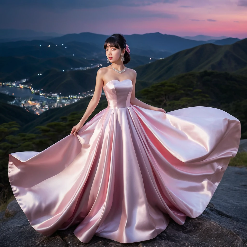 Elegant girl in pink satin gown on mountain night
