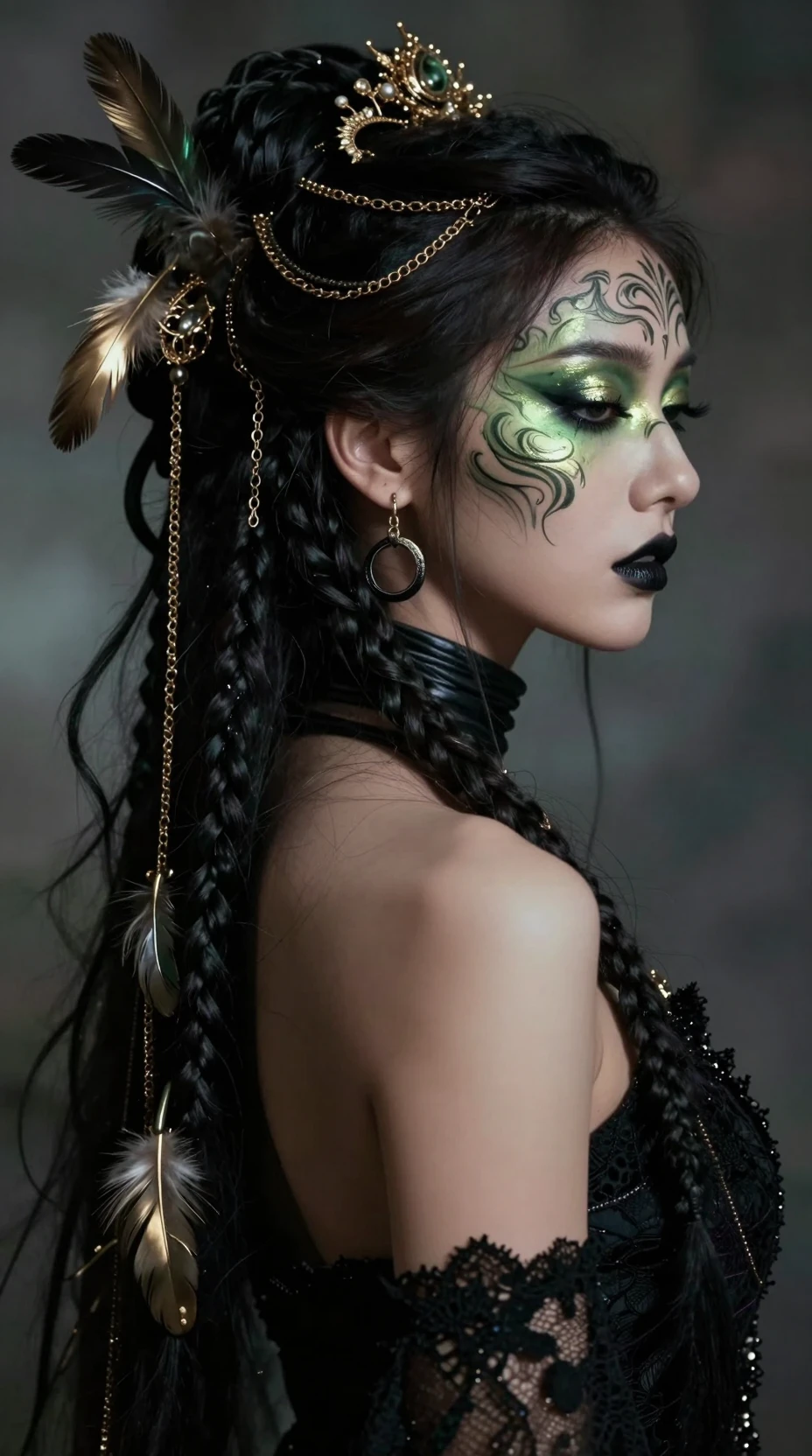 Mystical bohemian woman in braids with dark tribal makeup