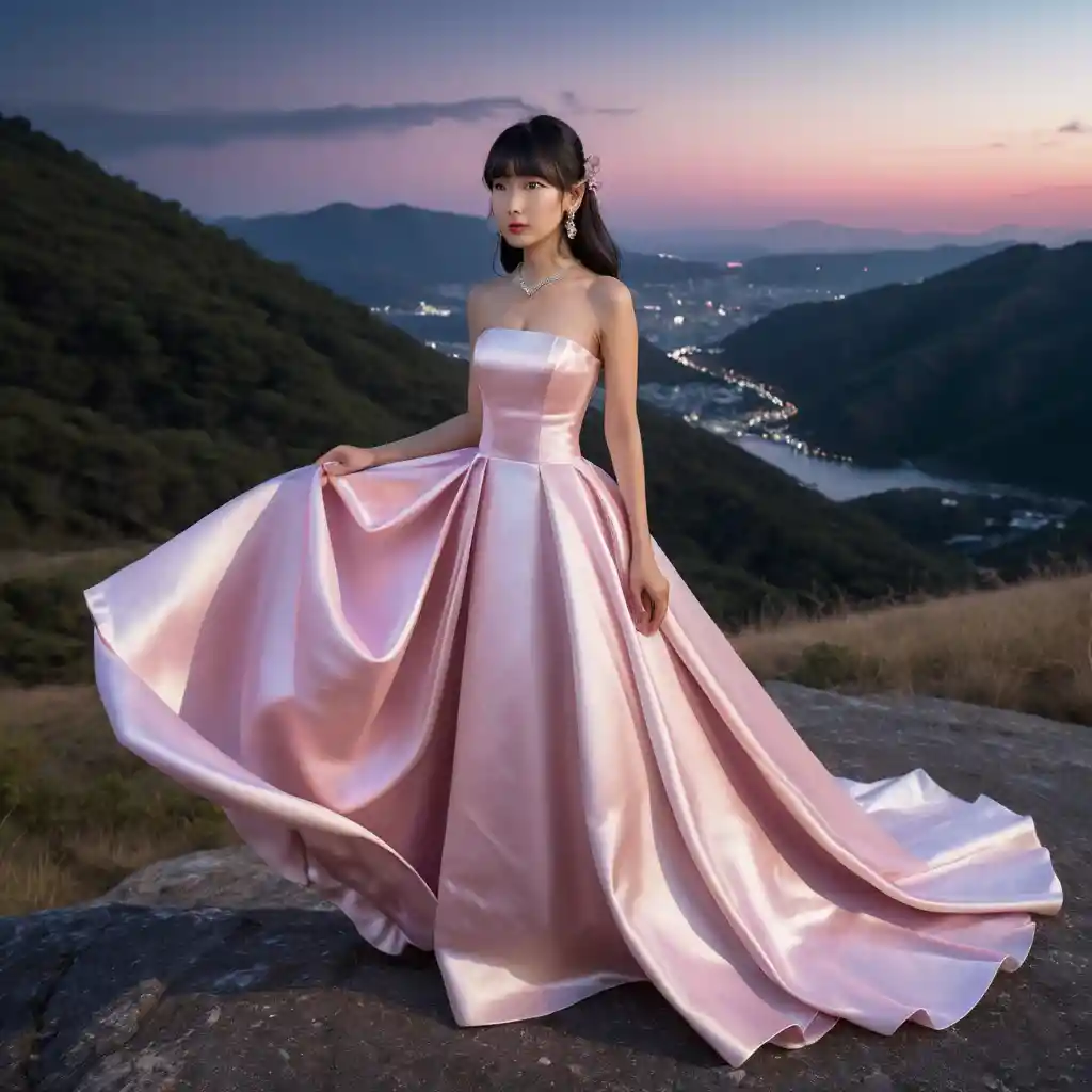 Elegant girl in pink satin gown on mountain night