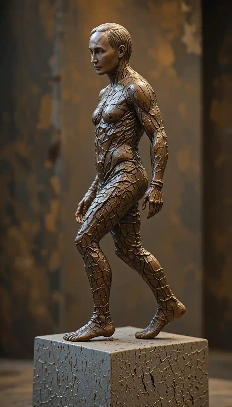 Bronzene männliche Figurenskulptur im Profil auf rechteckigem Sockel