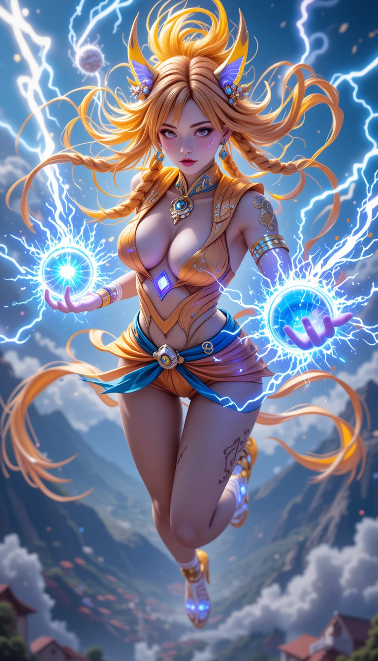 Shy purple skinned anime warrior woman with glowing feathers