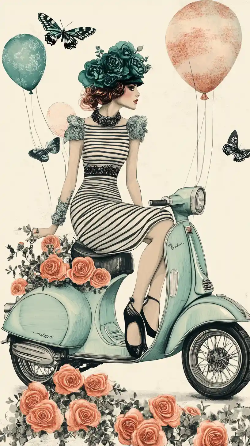 Vintage fashion woman on Vespa with roses and balloons