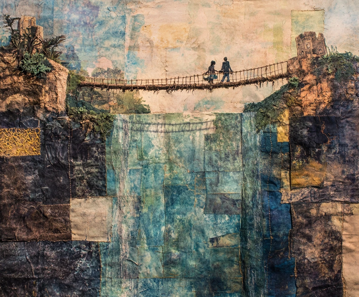 Textile explorers crossing a rope bridge above waterfall