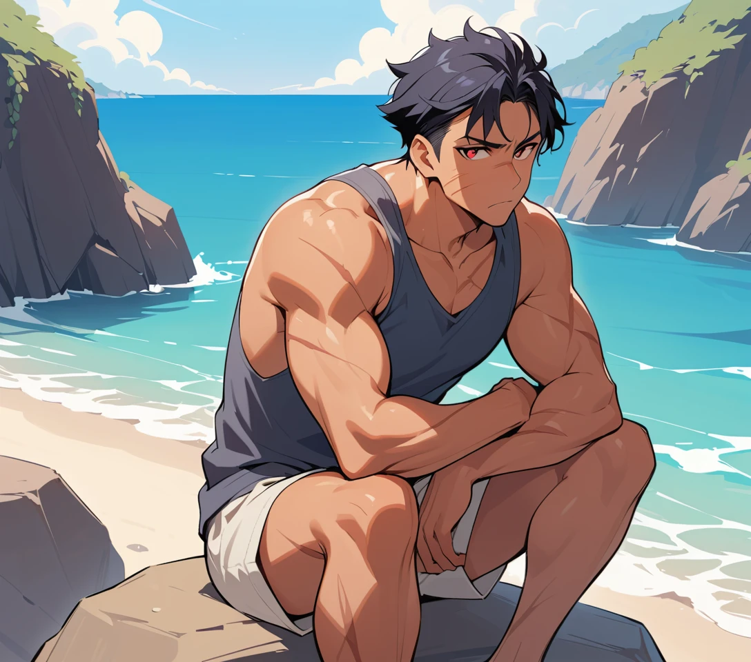 Scarred muscular man with red eyes by the sea