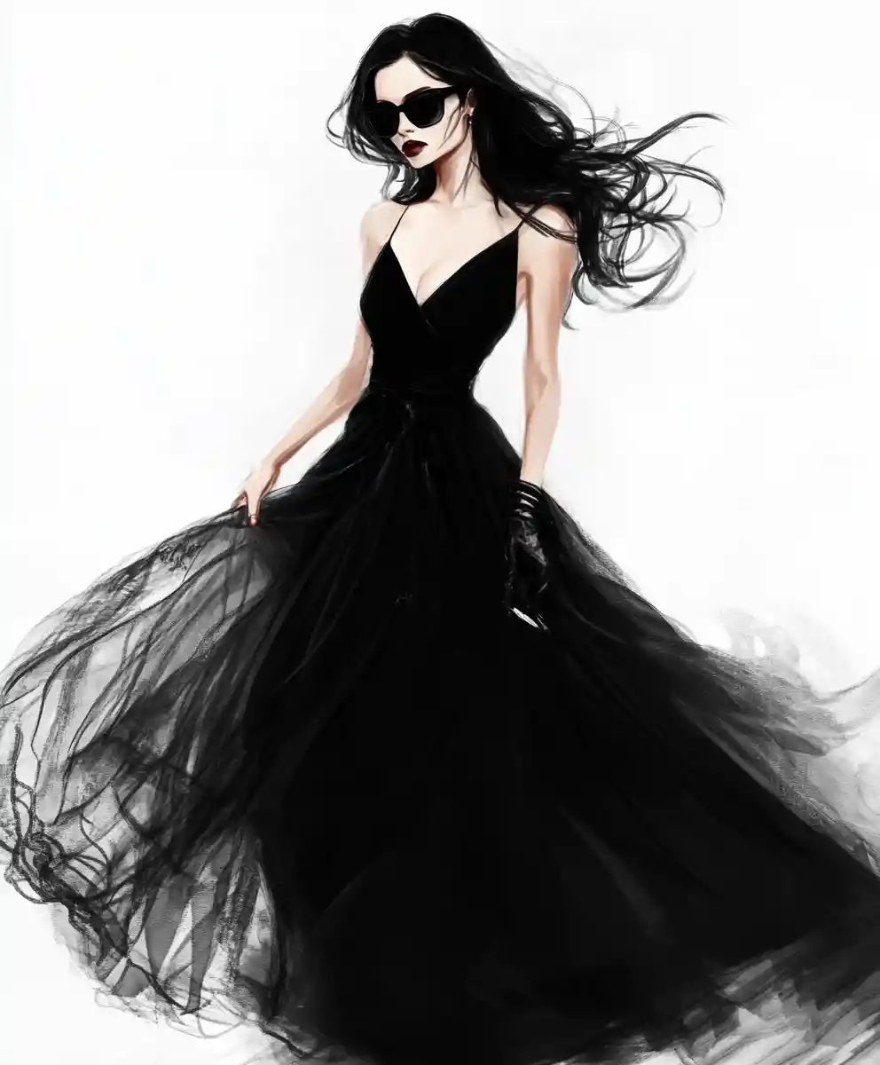 Tall woman in a sleek black dress standing with cool confidence