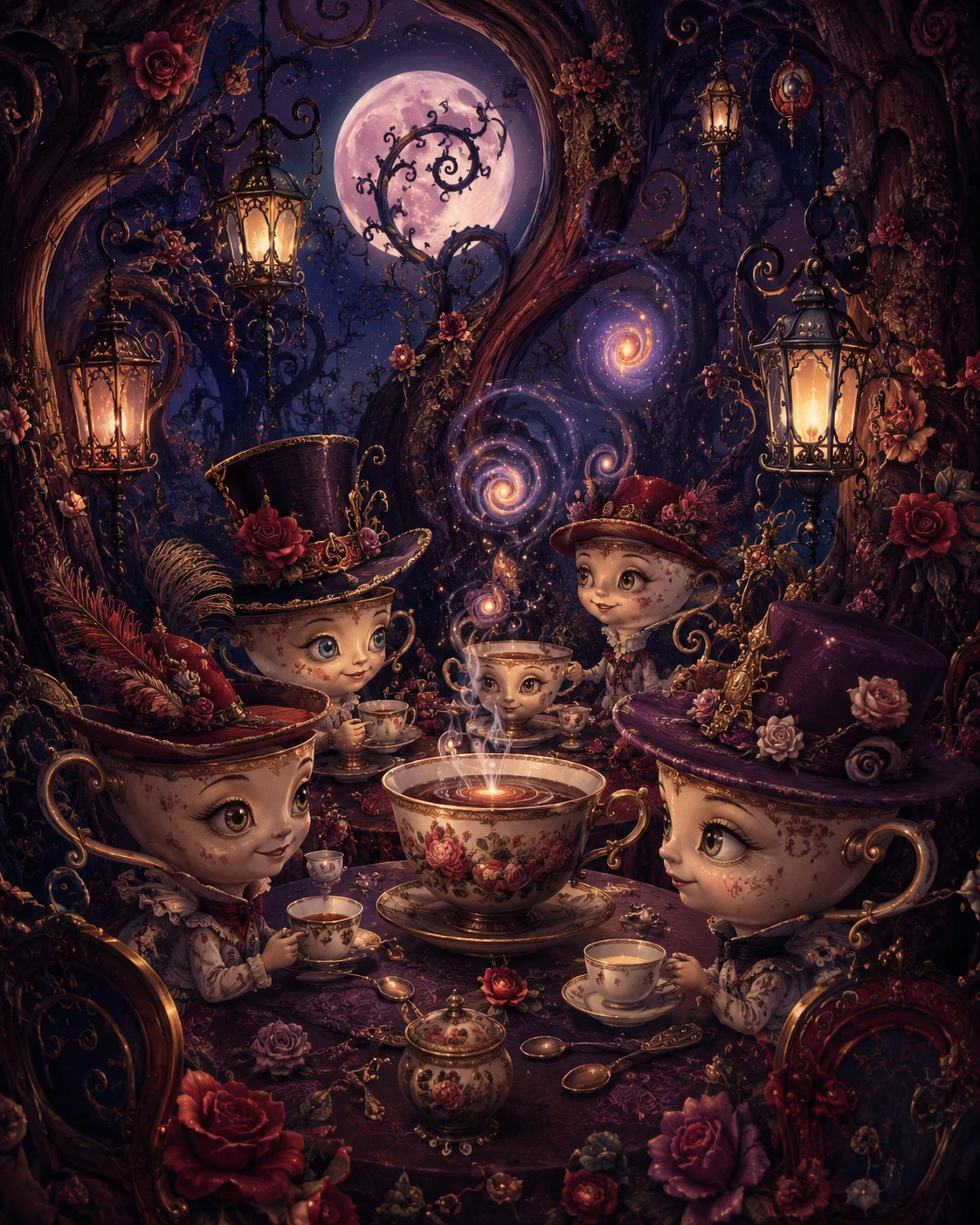 Whimsical teacups in hats in an enchanted twilight garden