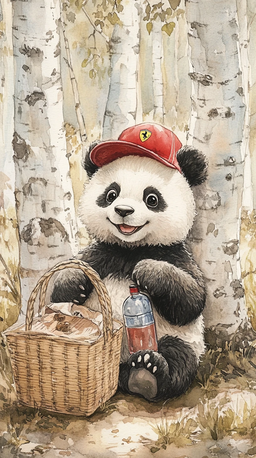 Panda felice che si rilassa con un picnic nella foresta soleggiata