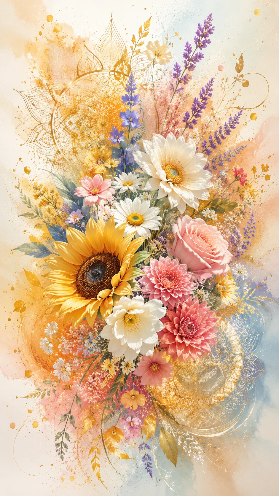 Ramo de flores de verano inspirado en mandalas con detalles dorados