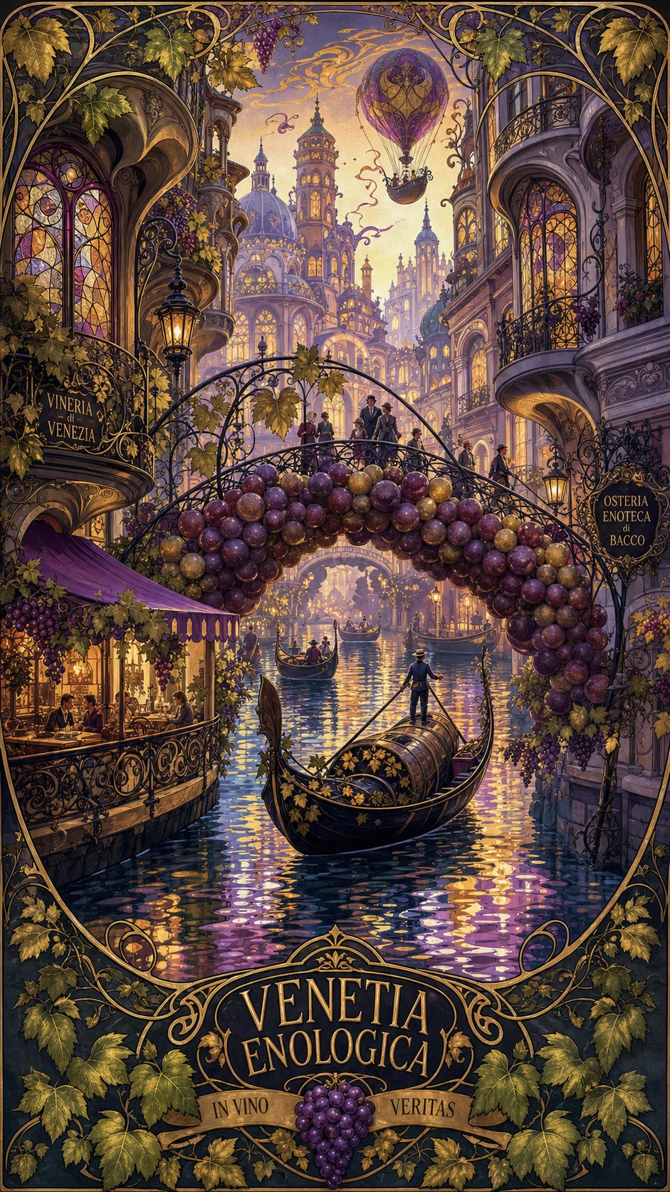Ciudad de canales art nouveau con caprichosas góndolas inspiradas en uvas