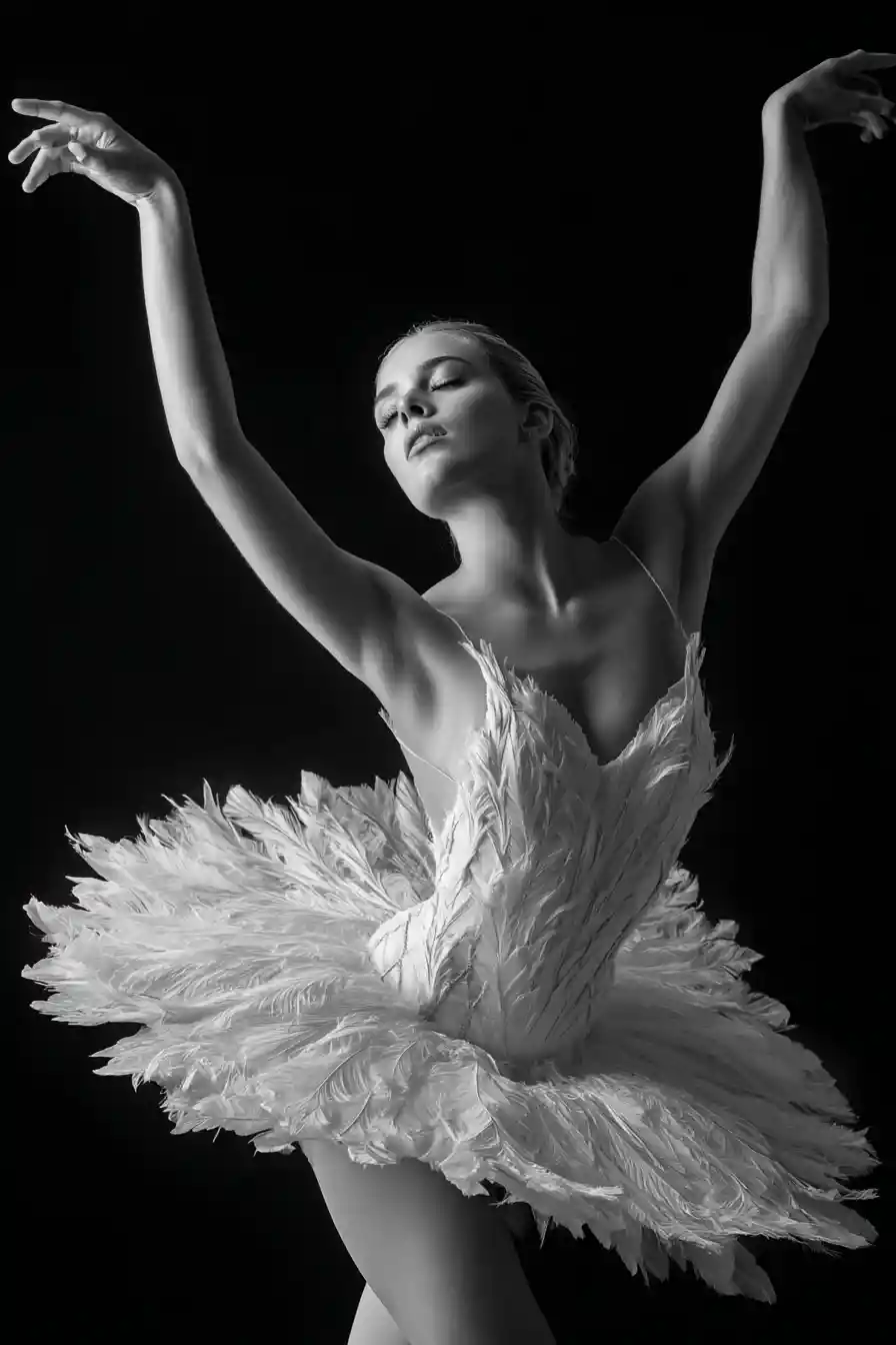 Graceful ballerina in dandelion inspired white tutu pose