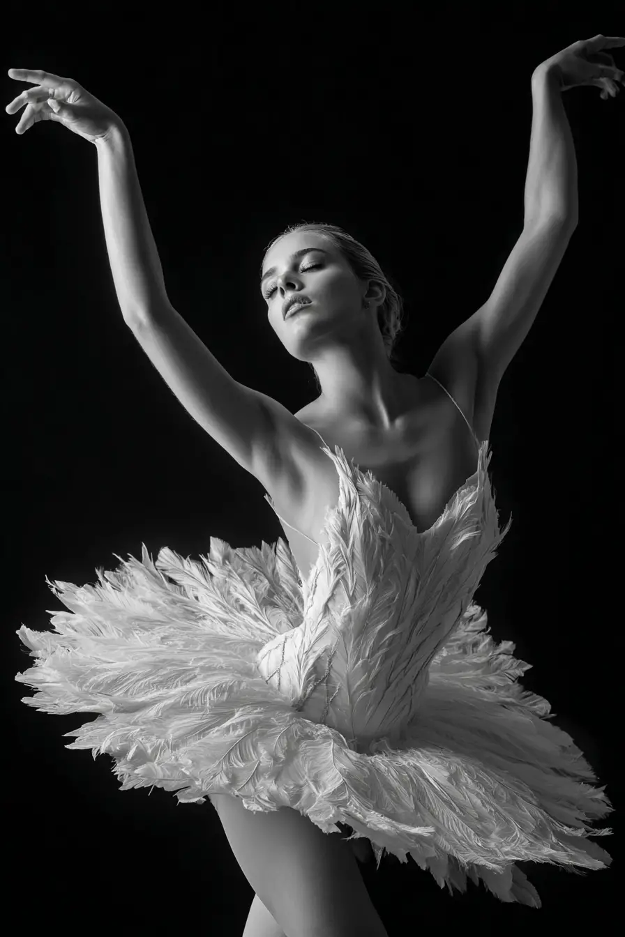 Graceful ballerina in dandelion inspired white tutu pose