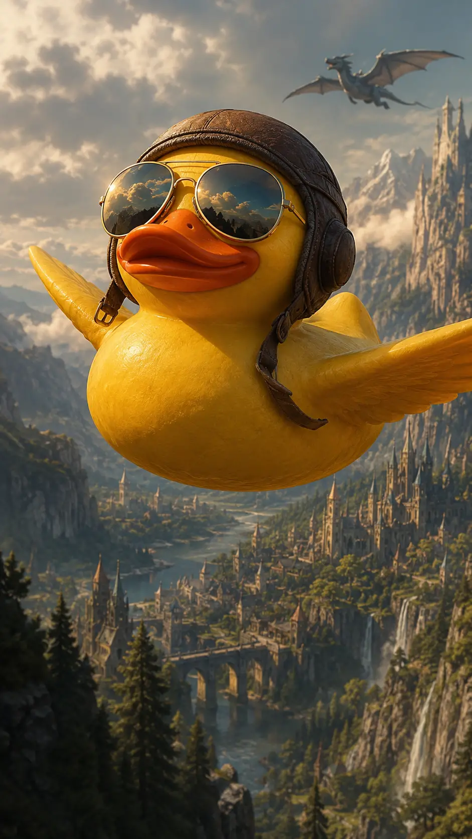 Yellow rubber duck flying over a surreal fantasy landscape