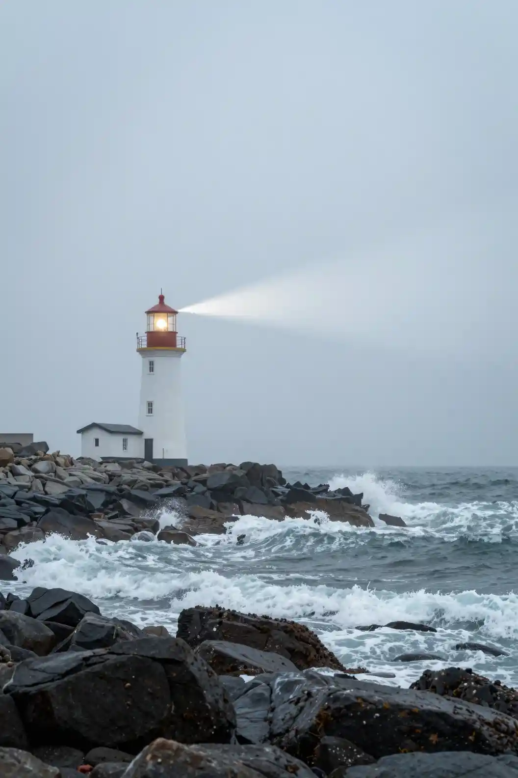 Lighthouse beam cutting through fog on a rocky coastline