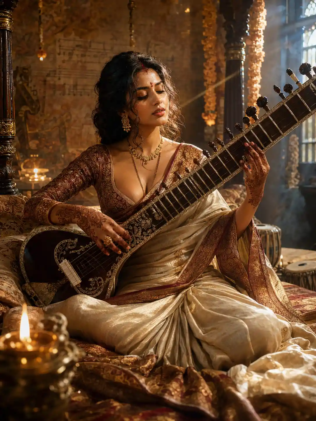 Indian woman playing sitar in luminous bedroom portrait