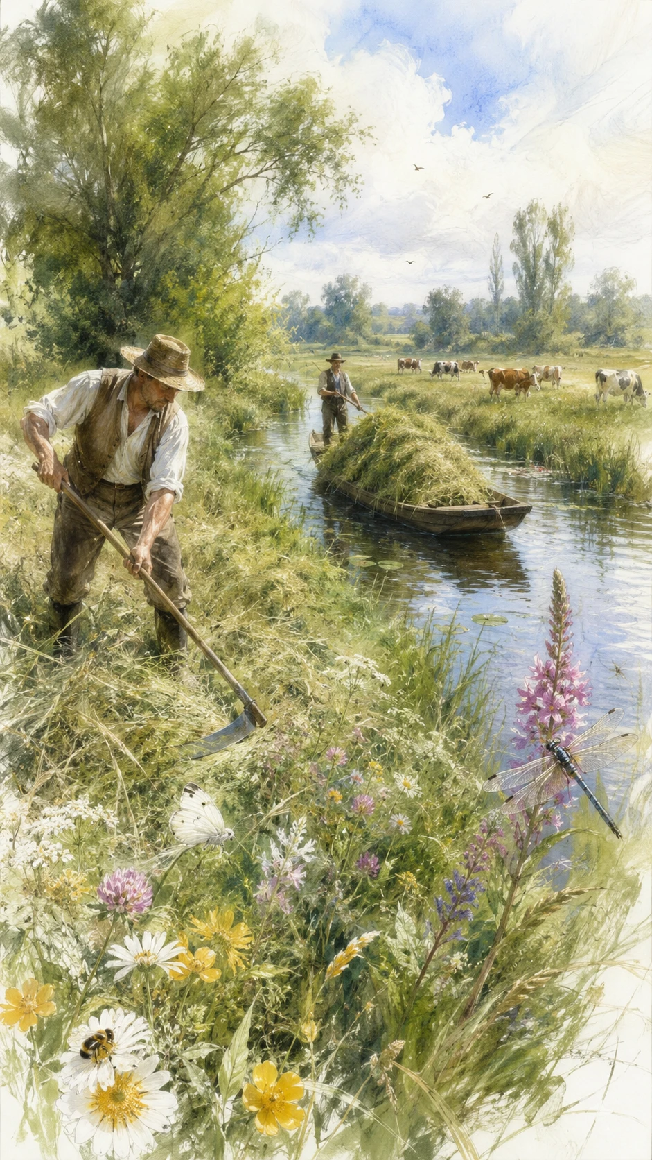 Cosecha tradicional de heno en prados con guadañas en Spreewald