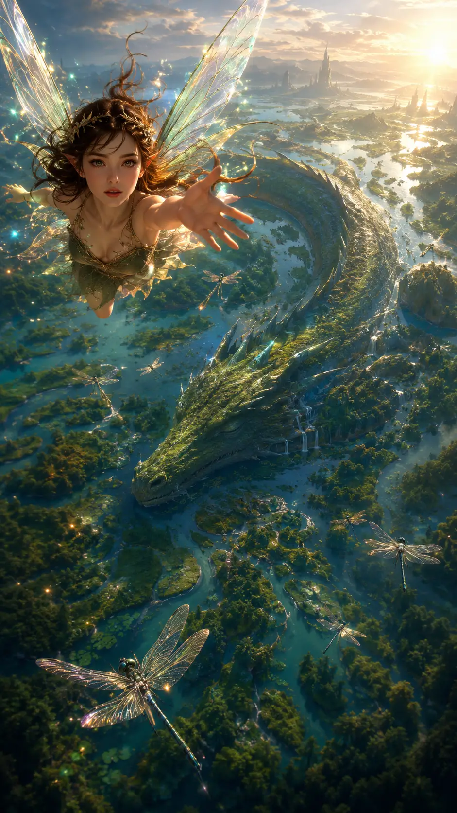 Fairy Flying Toward Viewer Over Enchanted Wetland River