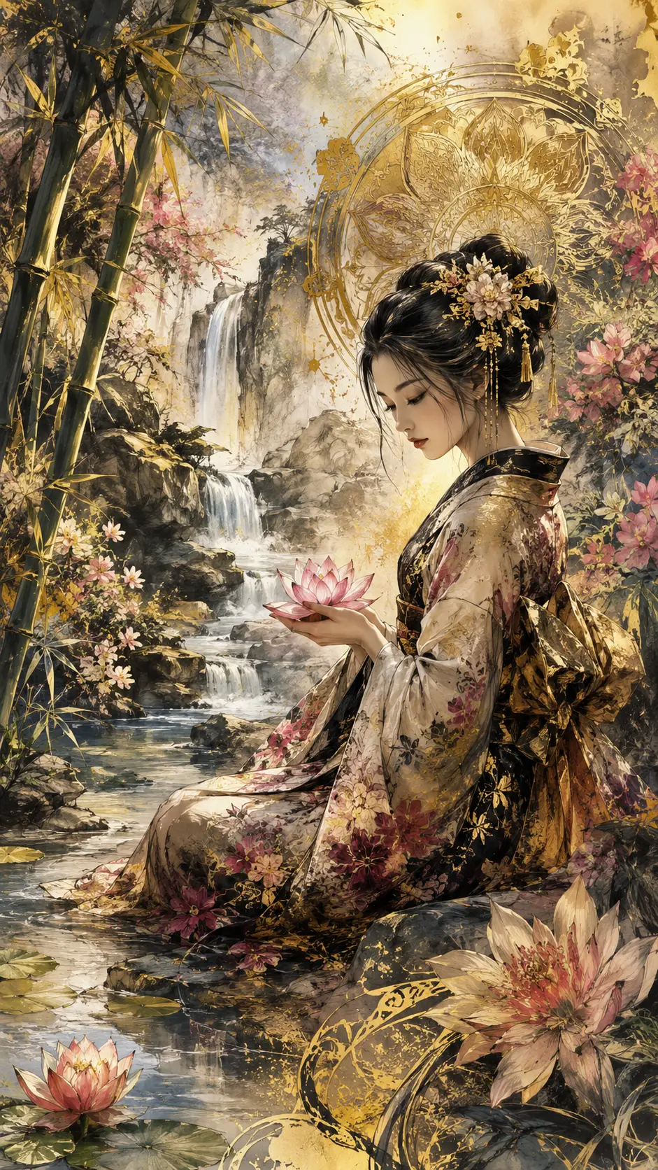 Mandala jungle with geisha by a waterfall stream