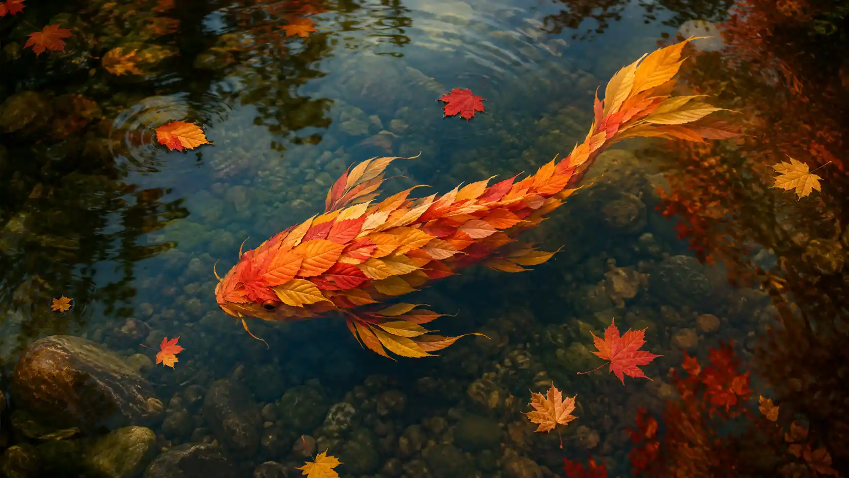 Koi fish made of autumn leaves beneath clear water