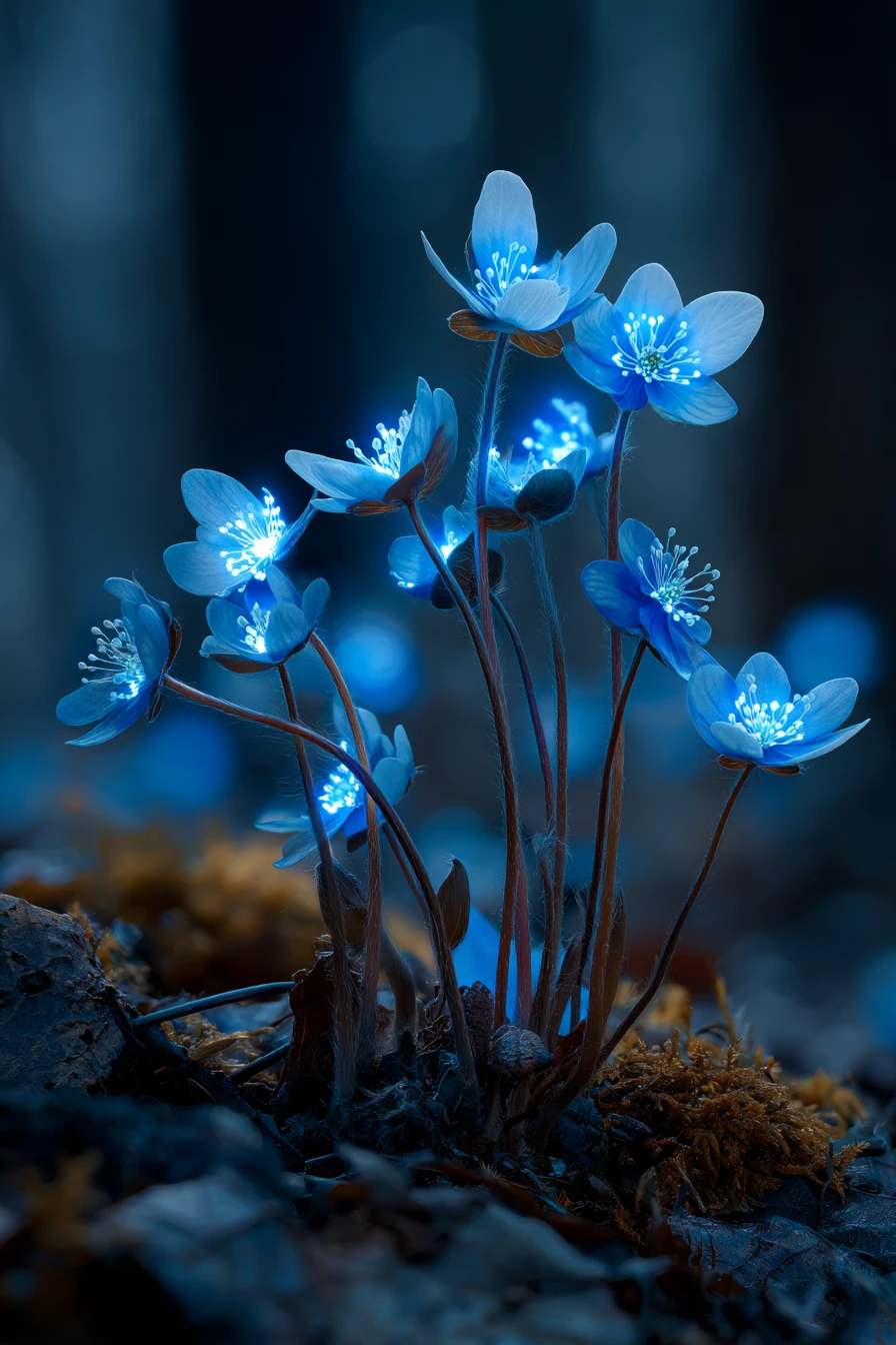 Brotos de flores brillantes en el suelo oscuro del bosque
