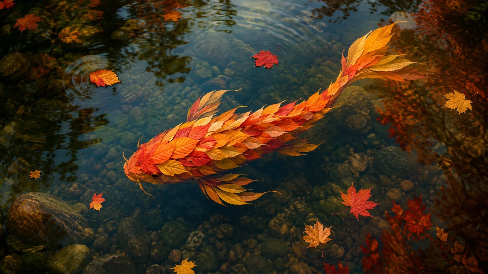 Koi fish made of autumn leaves beneath clear water