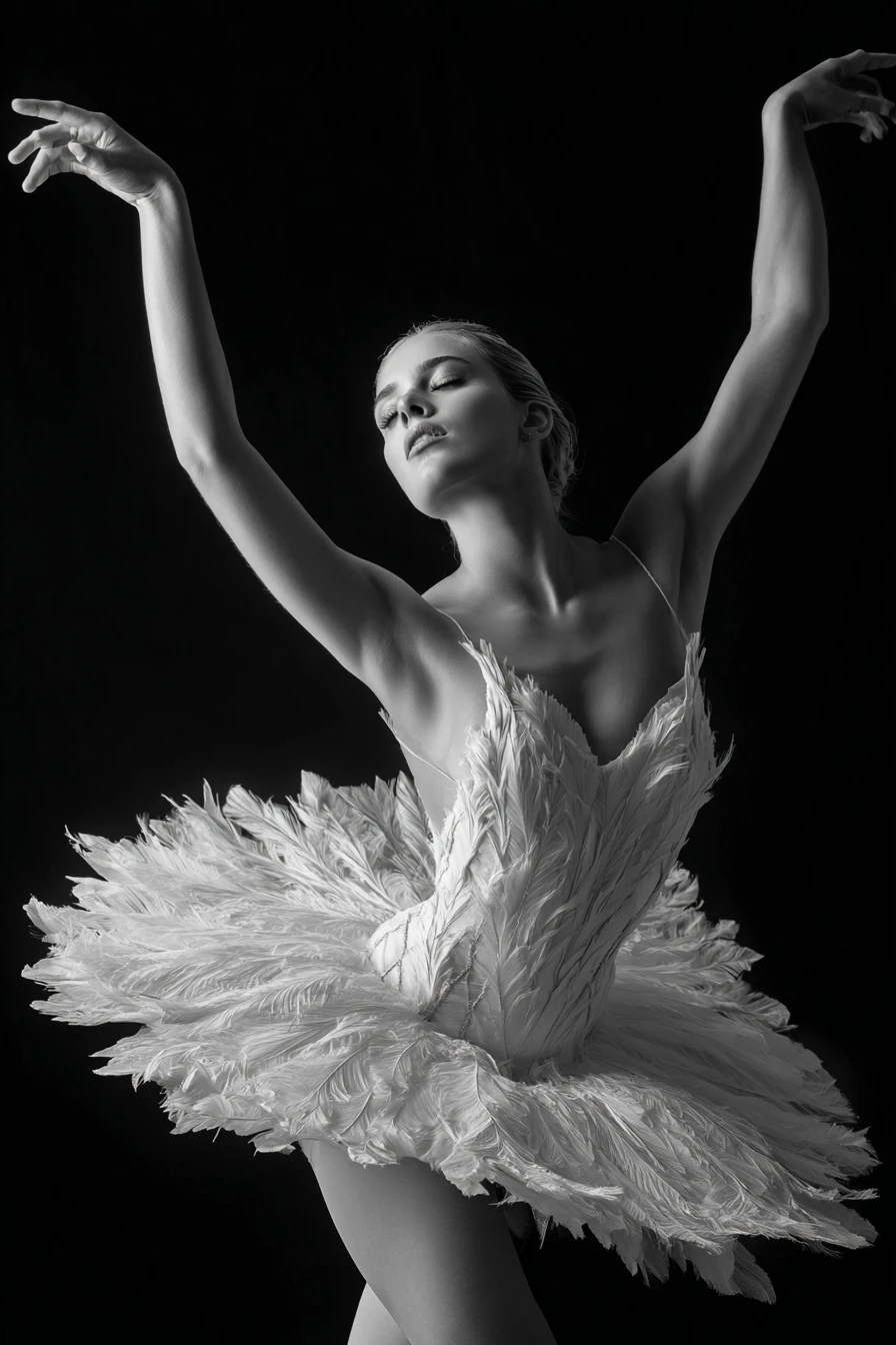 Grácil bailarina posando con un tutú blanco inspirado en el diente de león