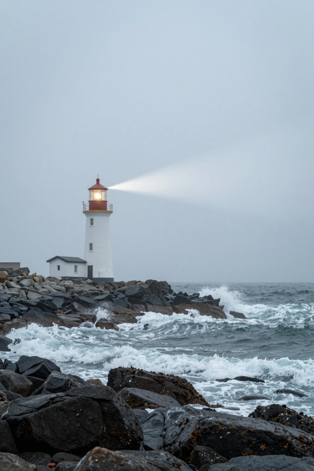 Haz de faro que corta la niebla en una costa rocosa