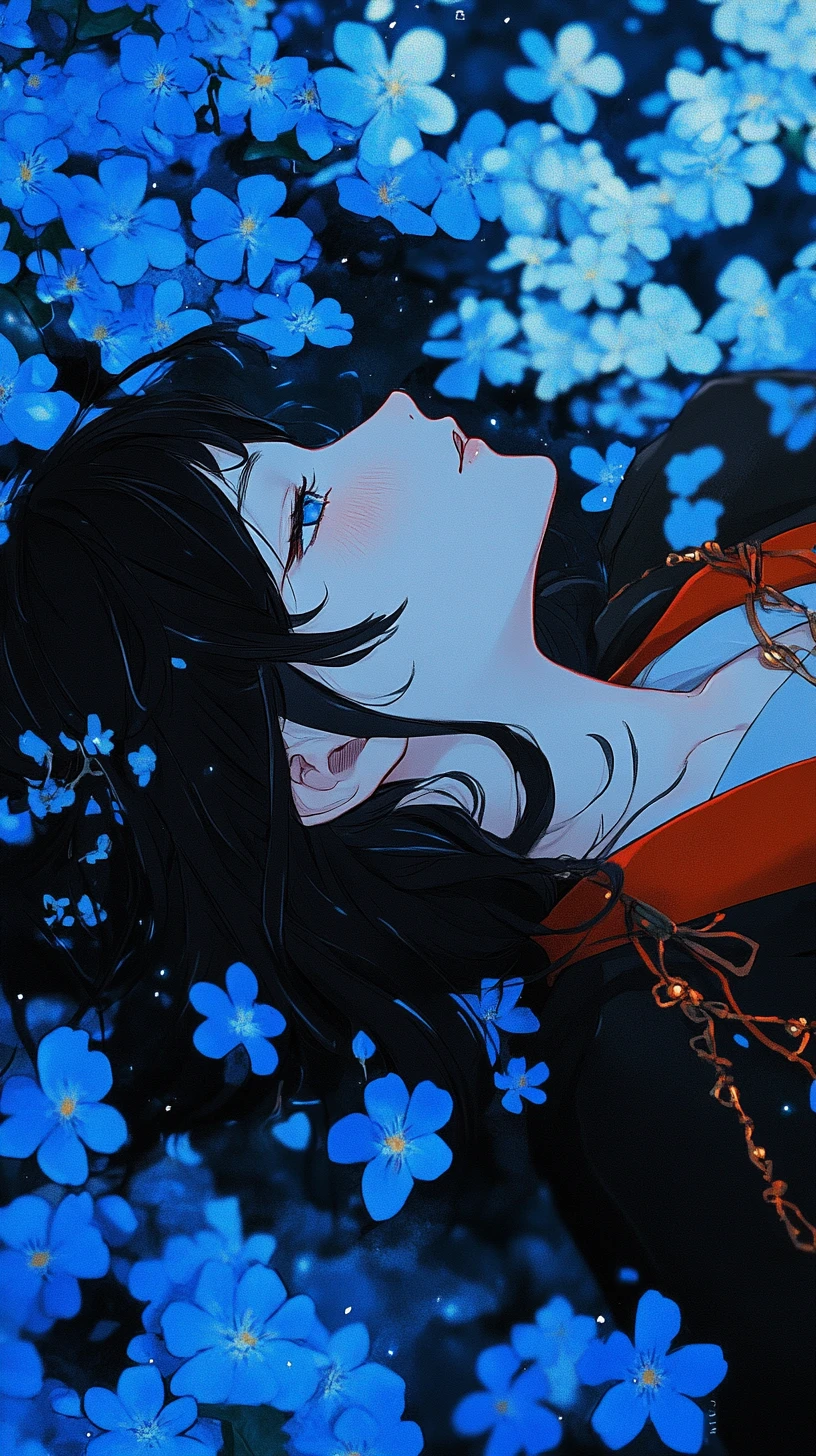 Anime girl lying among blue flowers in water