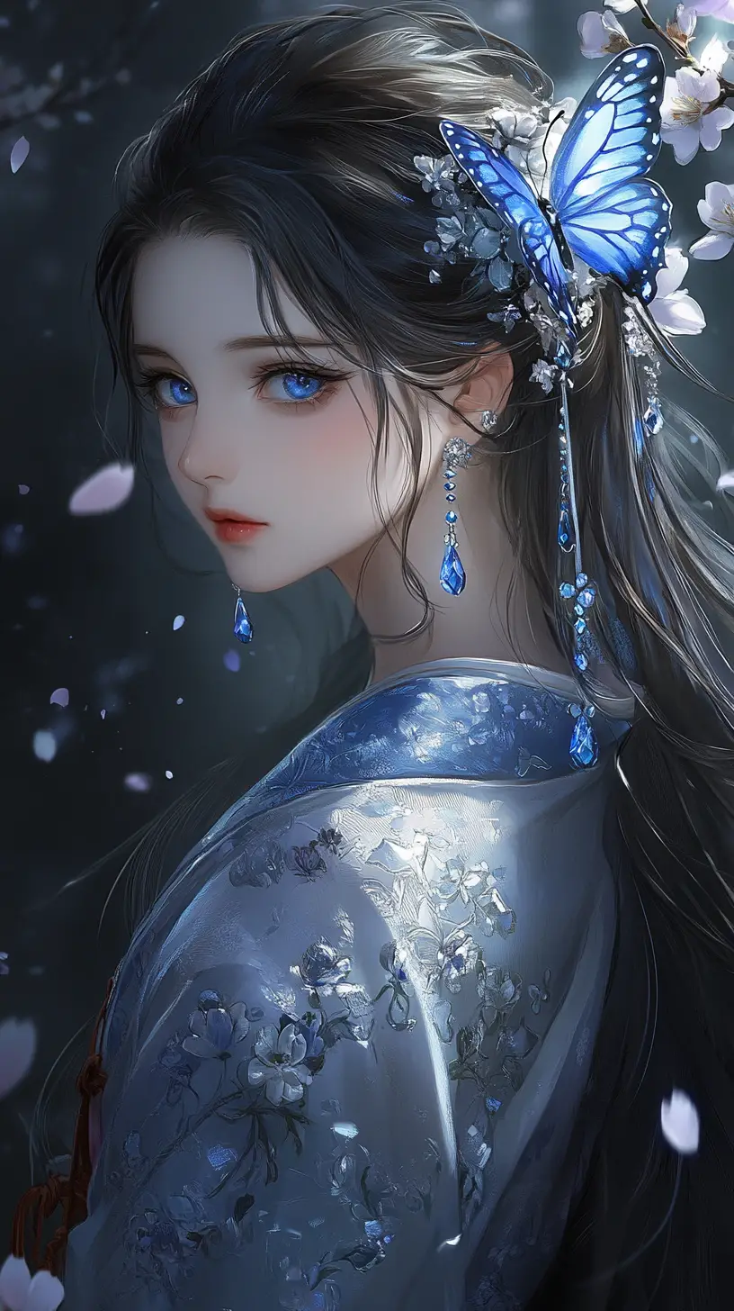 Anime girl in silver kimono among dark cherry blossoms