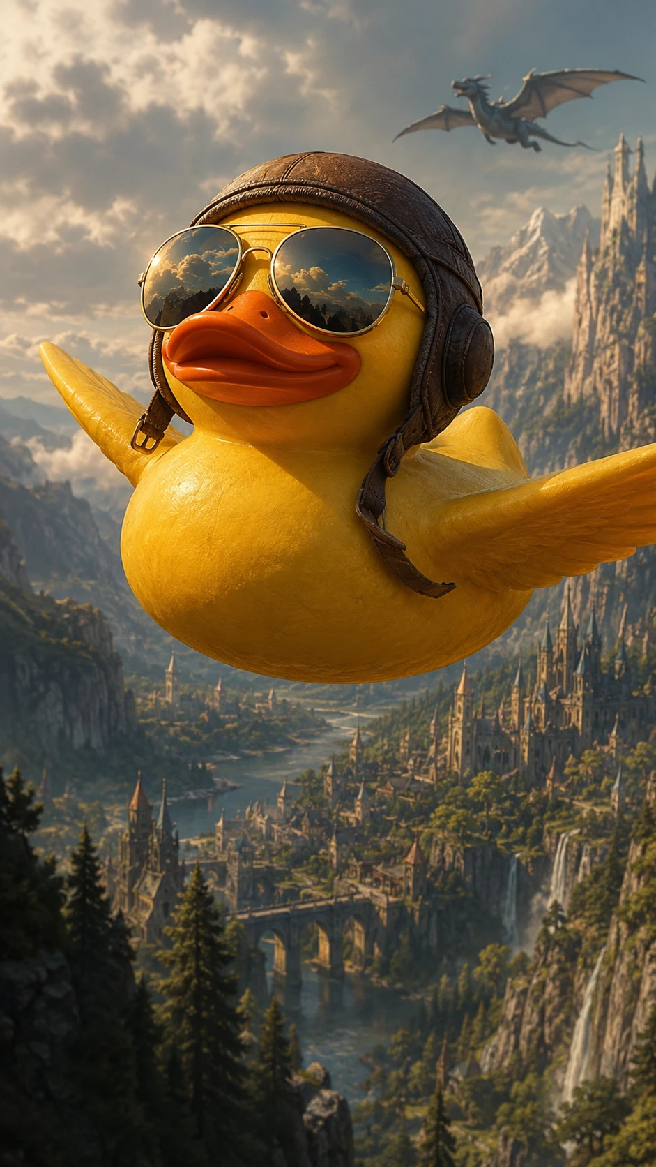 Pato de goma amarillo volando sobre un paisaje de fantasía surrealista