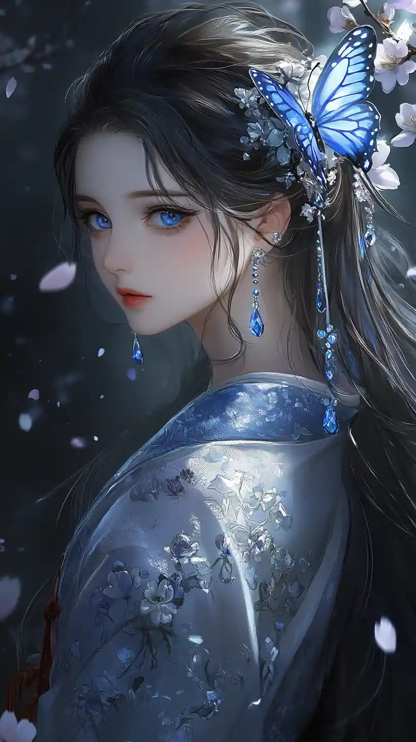 Anime girl in silver kimono among dark cherry blossoms