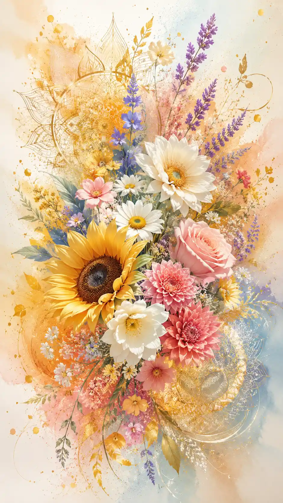 Mandala inspired summer flower bouquet with golden details
