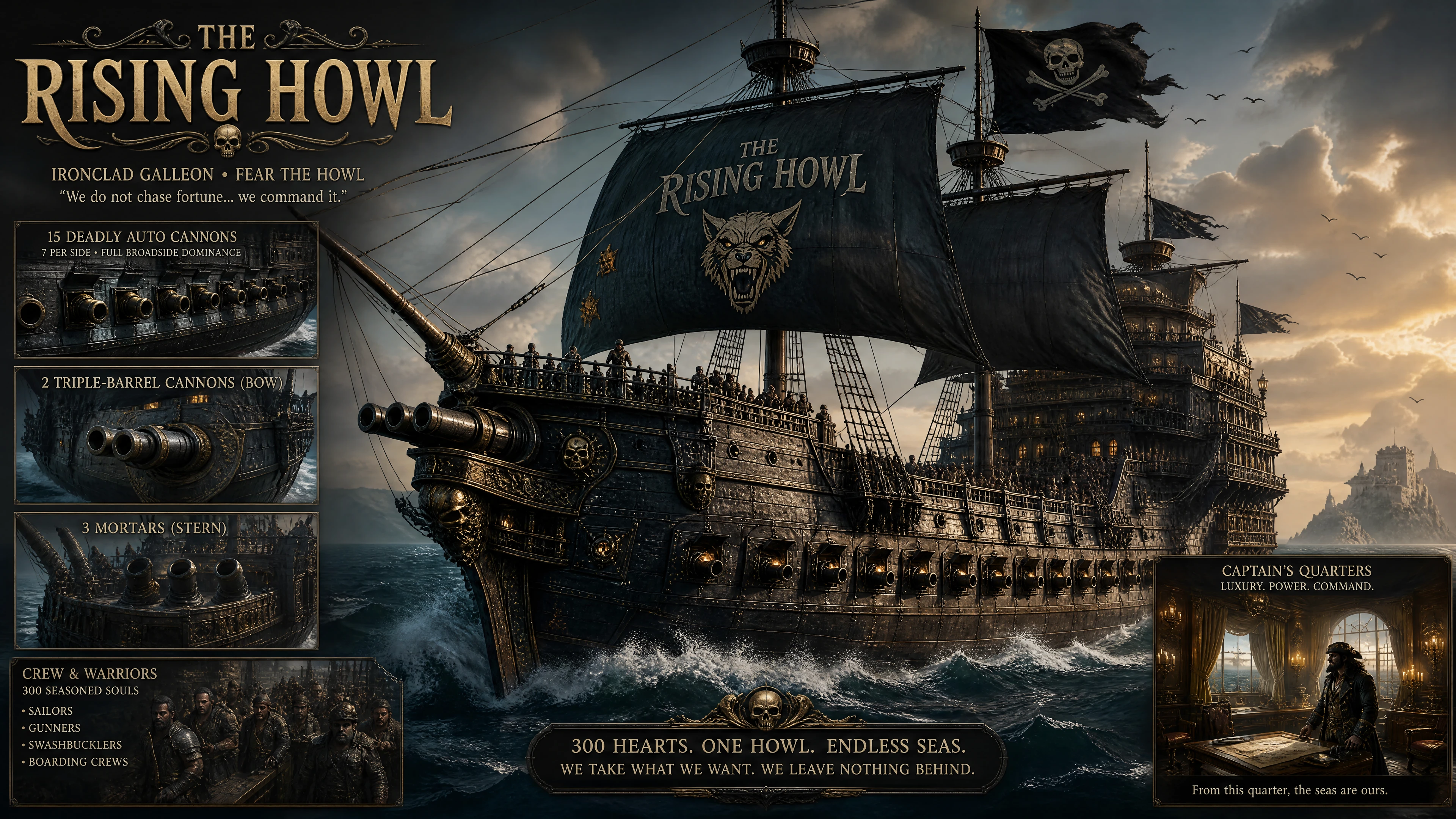 Heavily armed pirate warship sailing the open sea