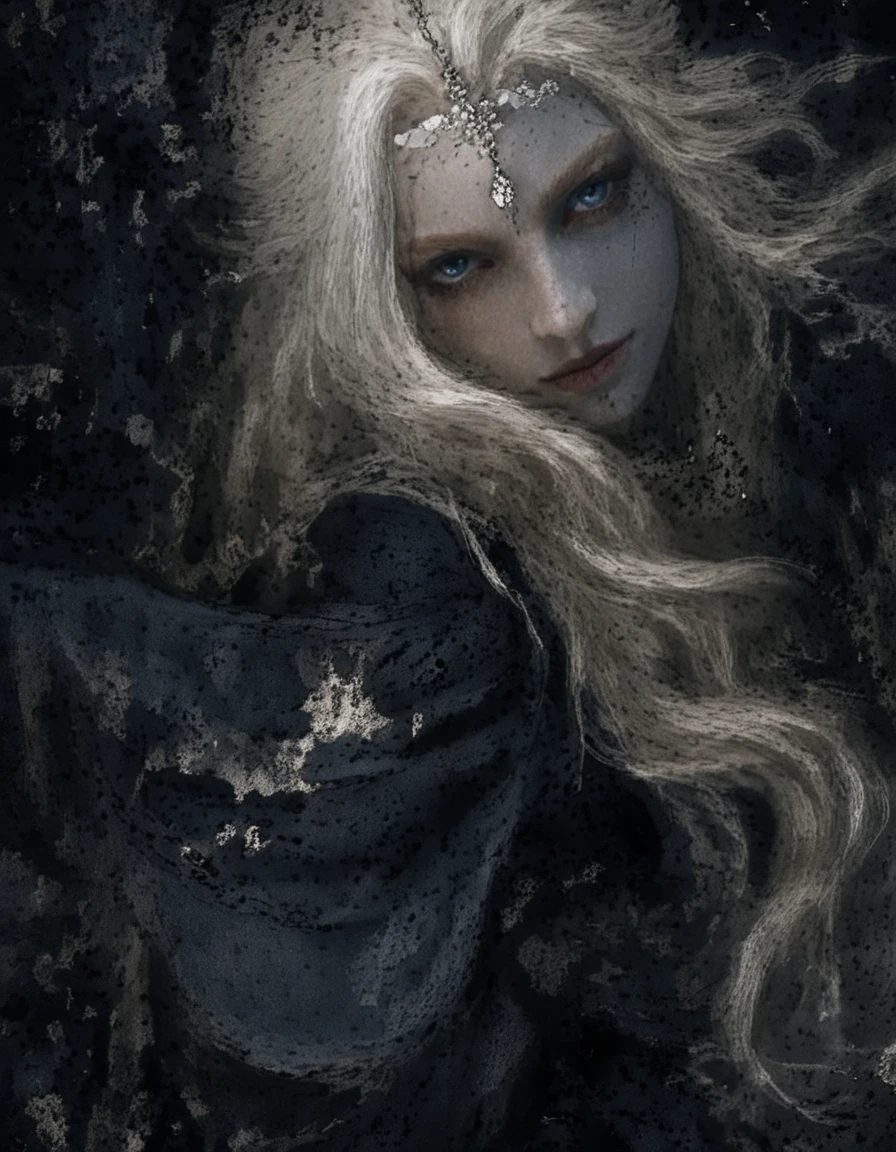 Ethereal gothic goddess portrait with flowing black cloak