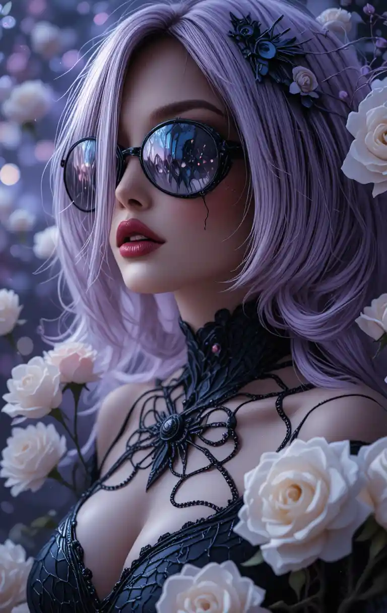 Gothic spider woman with mirrored glasses and white roses