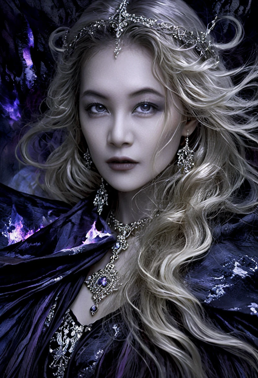 Ethereal gothic goddess with platinum hair in dark fantasy portrait
