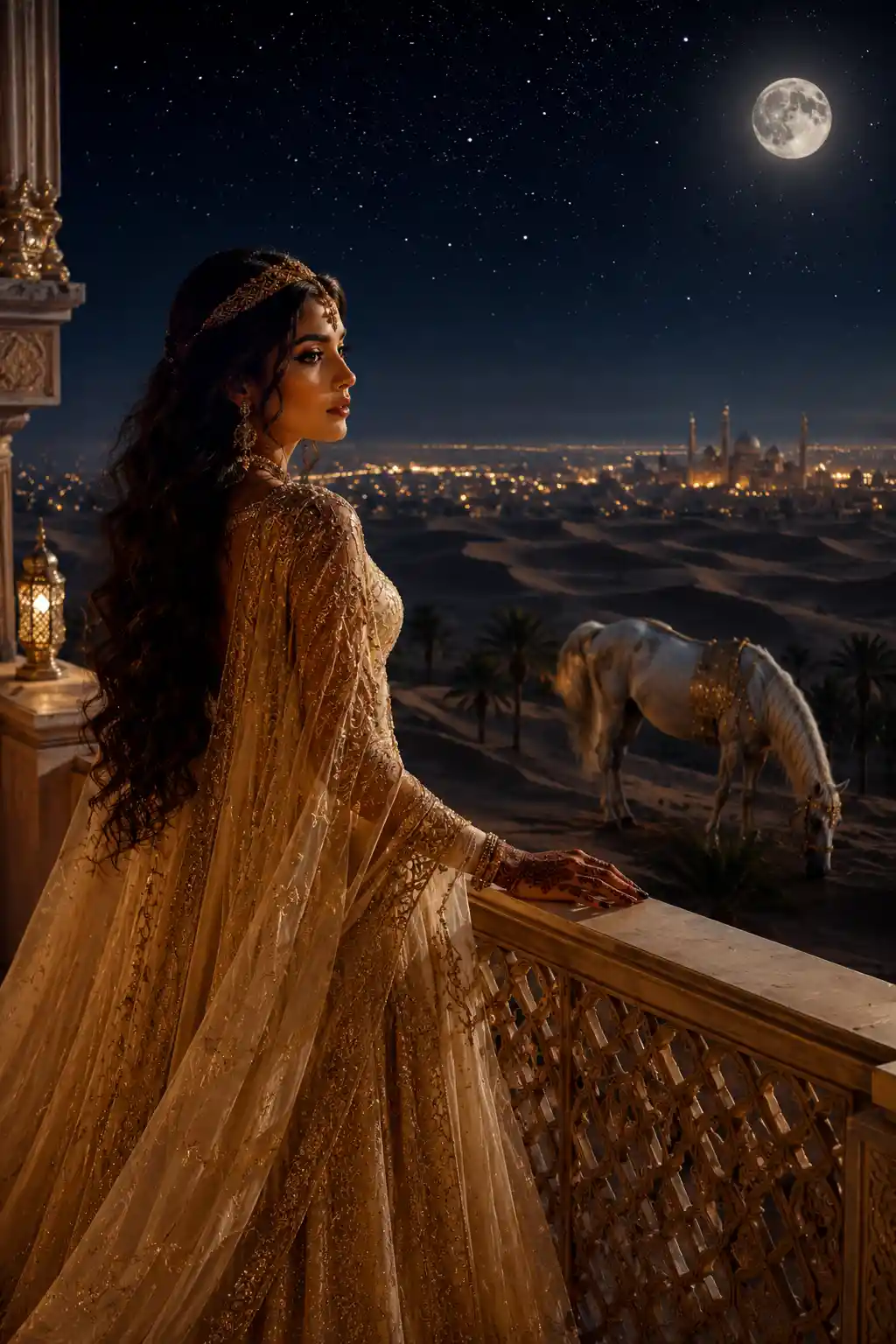 Arabian princess on palace balcony under starry desert sky
