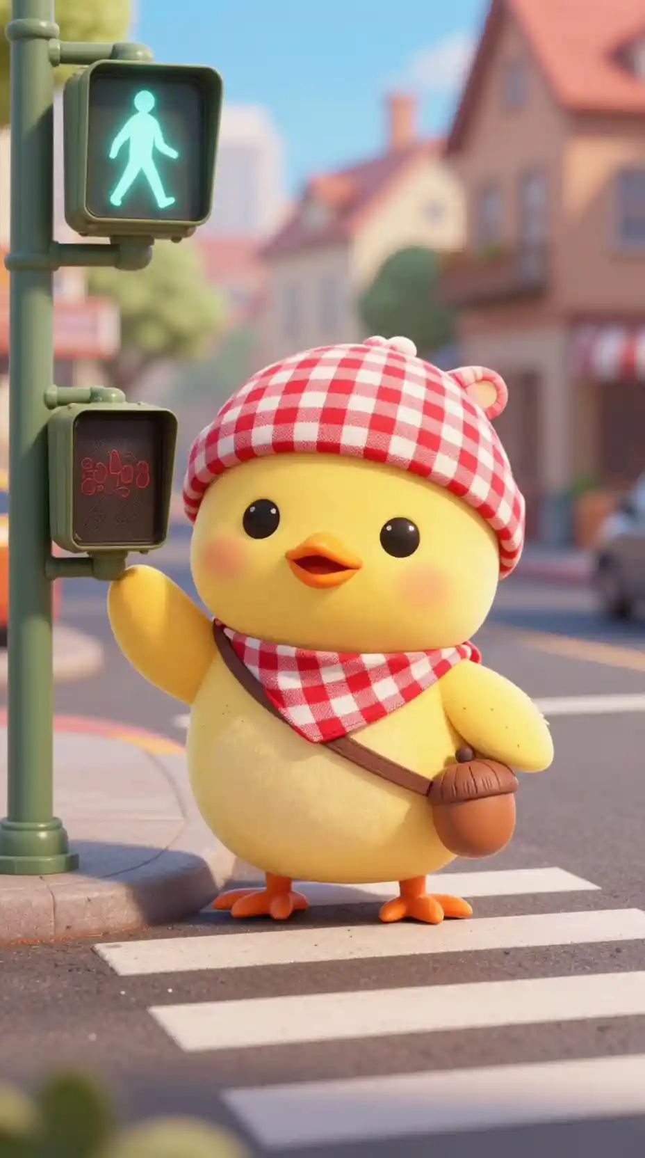 Cute 3D chibi chick waiting at a city crosswalk