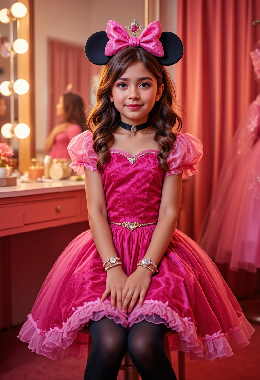 Nervous boy dressed as a princess in a dress shop