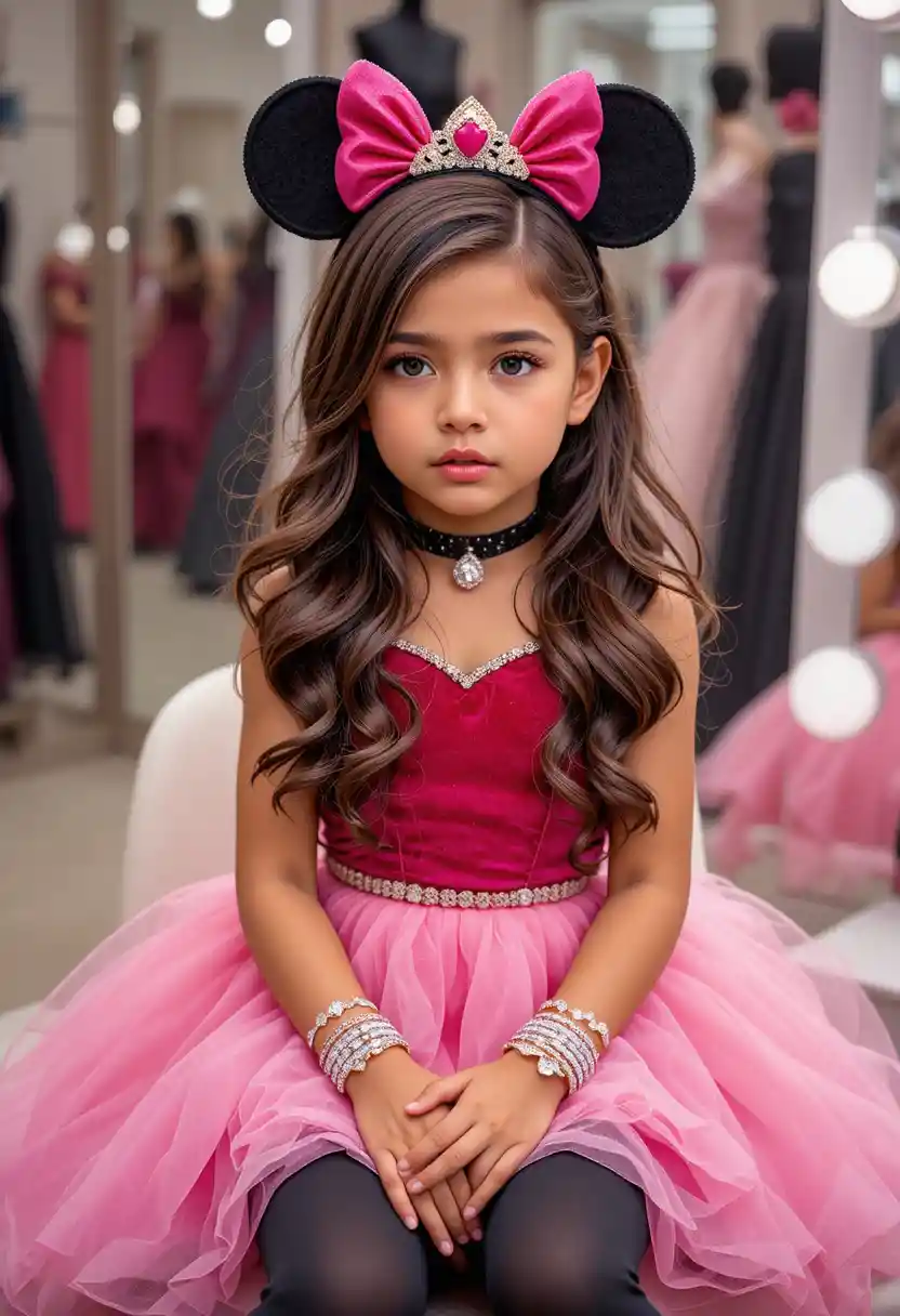 Nervous boy dressed as a pink princess in boutique