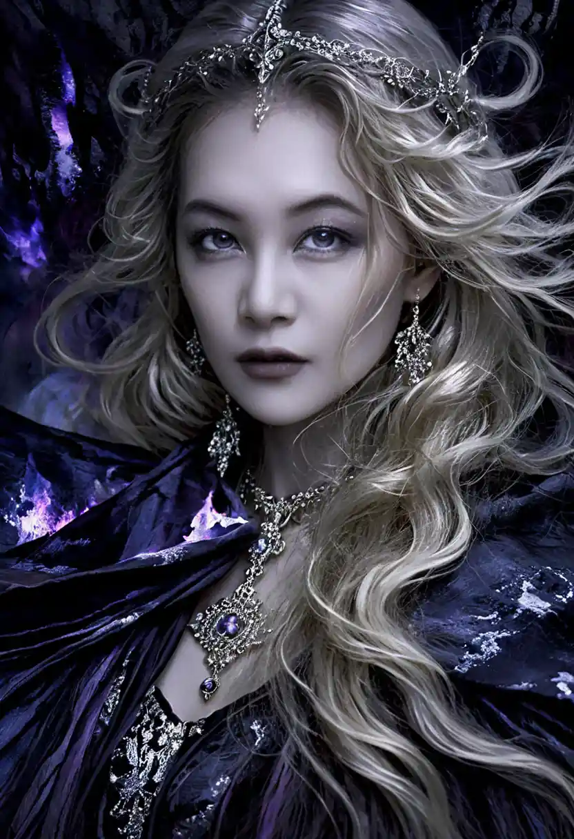 Ethereal gothic goddess with platinum hair in dark fantasy portrait