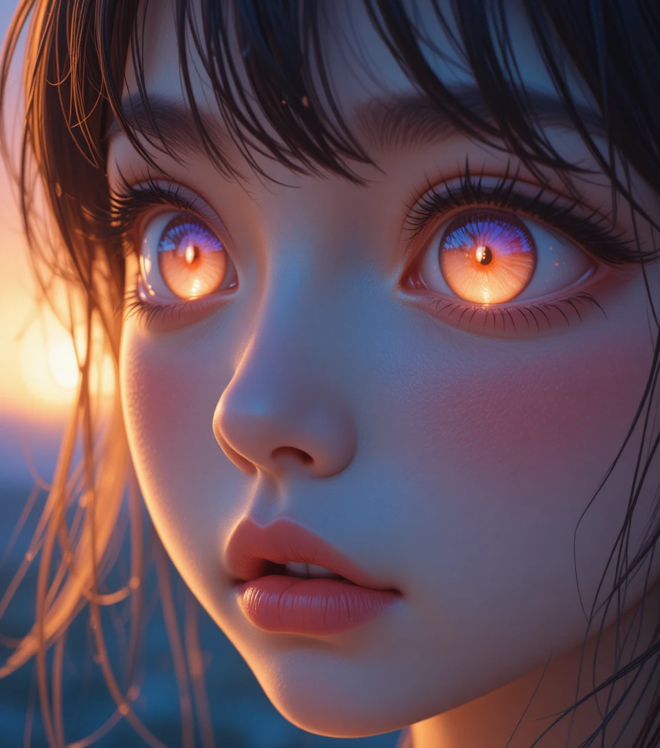 Anime girl eyes glowing as she watches a radiant sunset