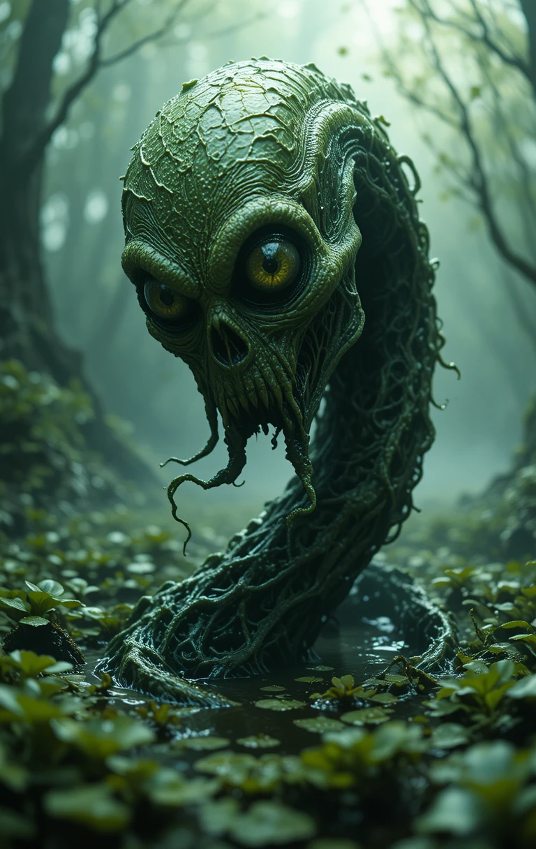 Grotesque swamp monster rising from dark green algae waters