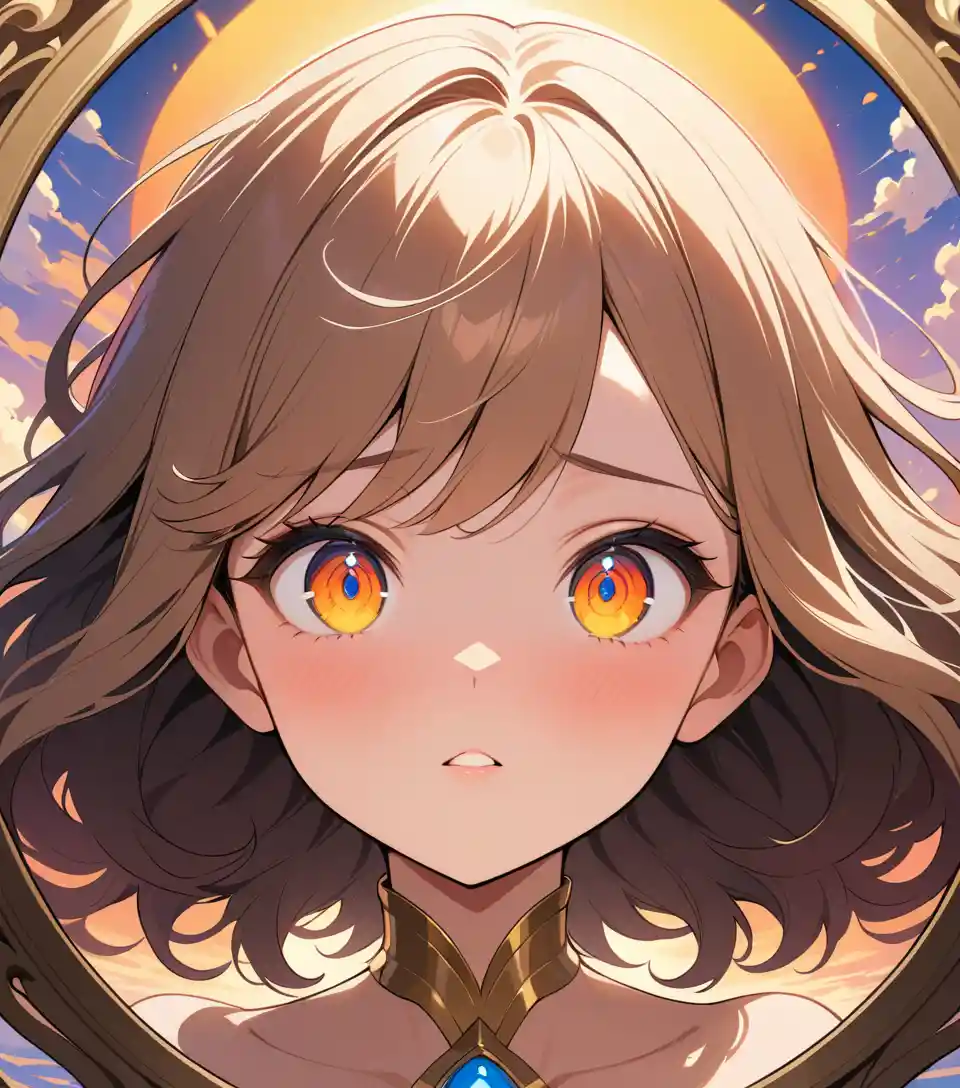 Anime girl close up gazing at a glowing sunset