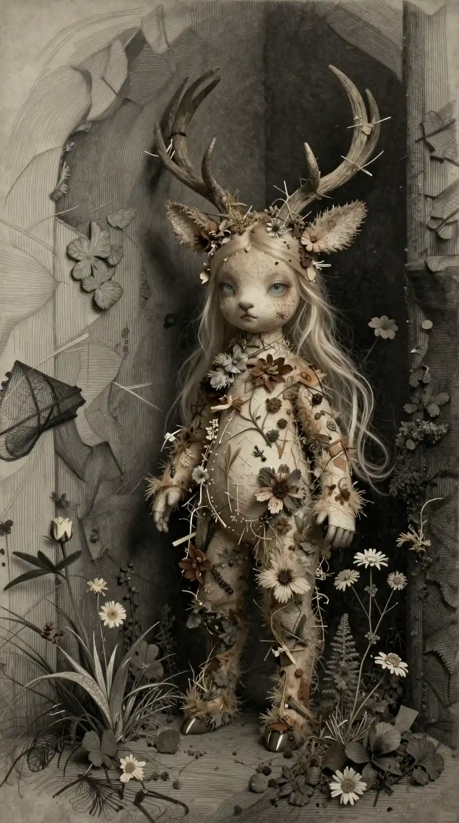 Surreal fae deer doll in a moody abstract corner