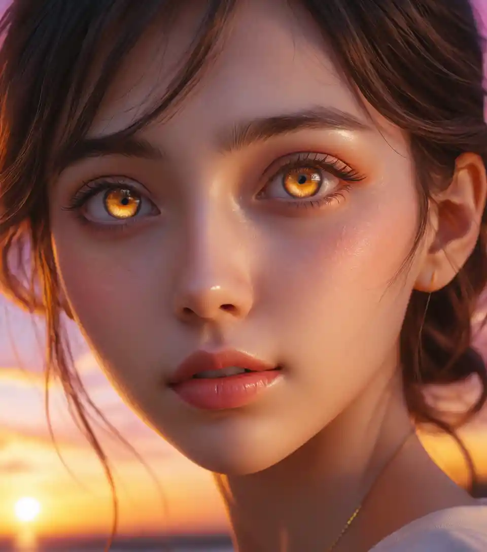 Close up anime girl eyes glowing in sunset light