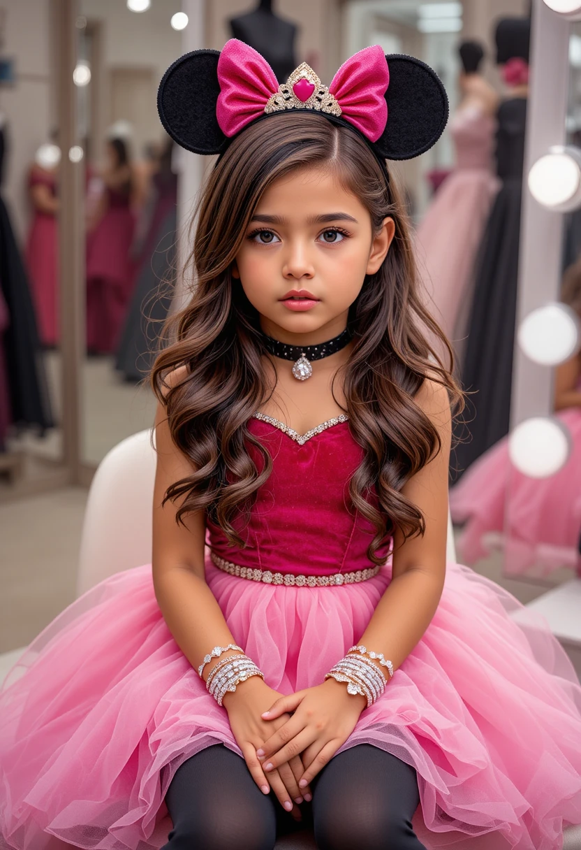 Nervous boy dressed as a pink princess in boutique