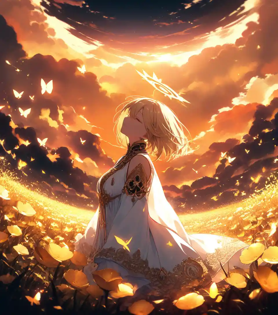 Blonde girl in white dress among golden sunset flowers
