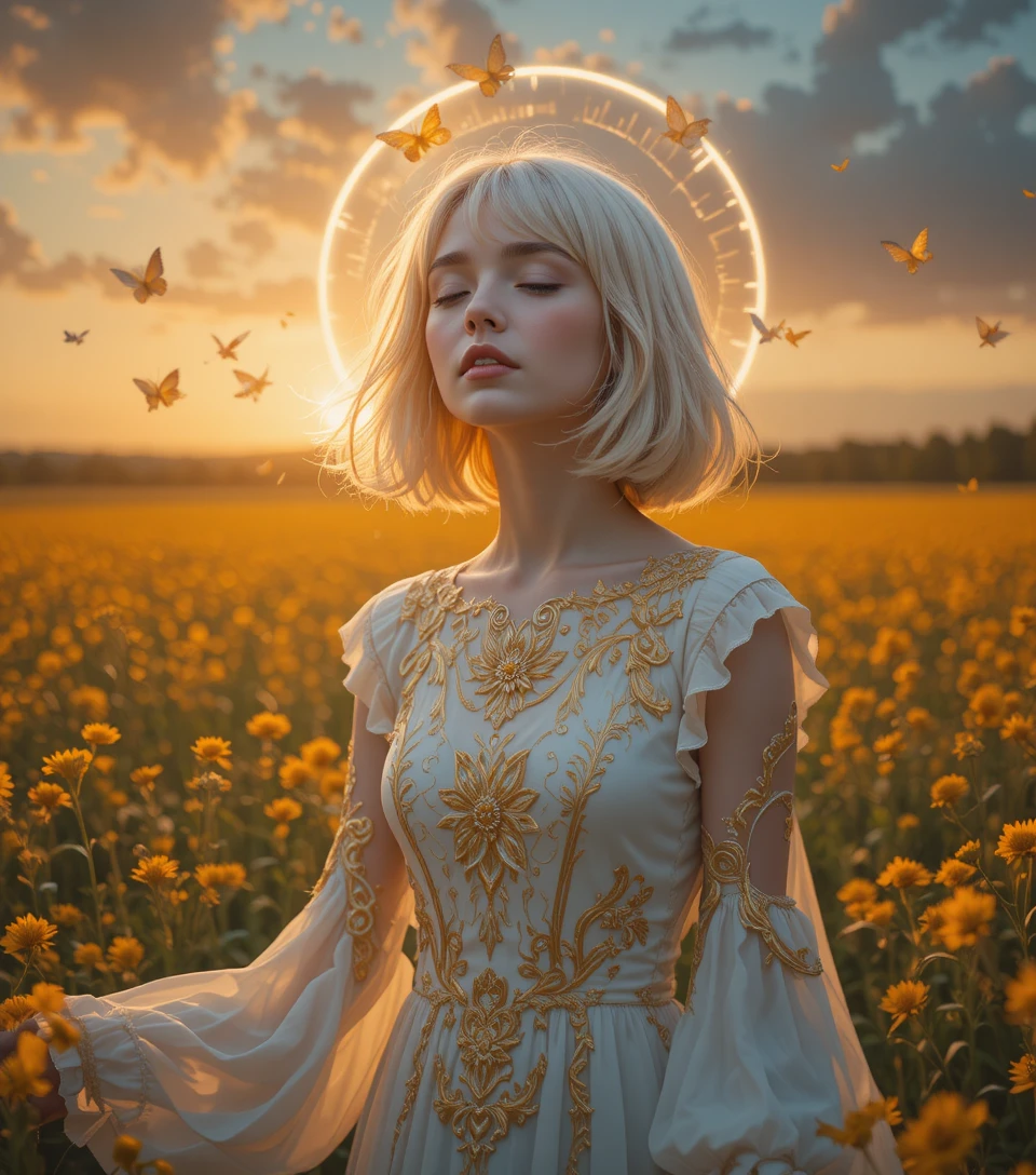 Serene girl in white dress among glowing golden flowers