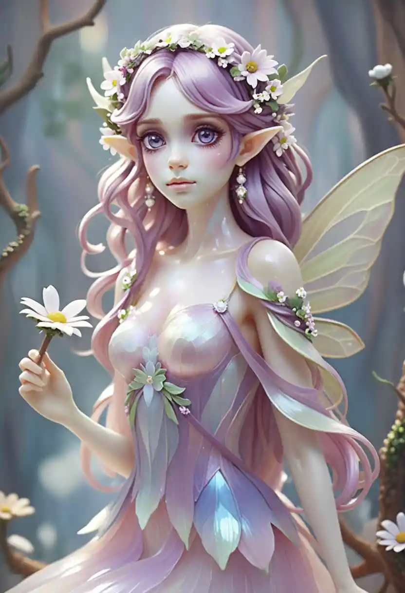 Ethereal Fairy Girl With Pastel Hair And Daisies