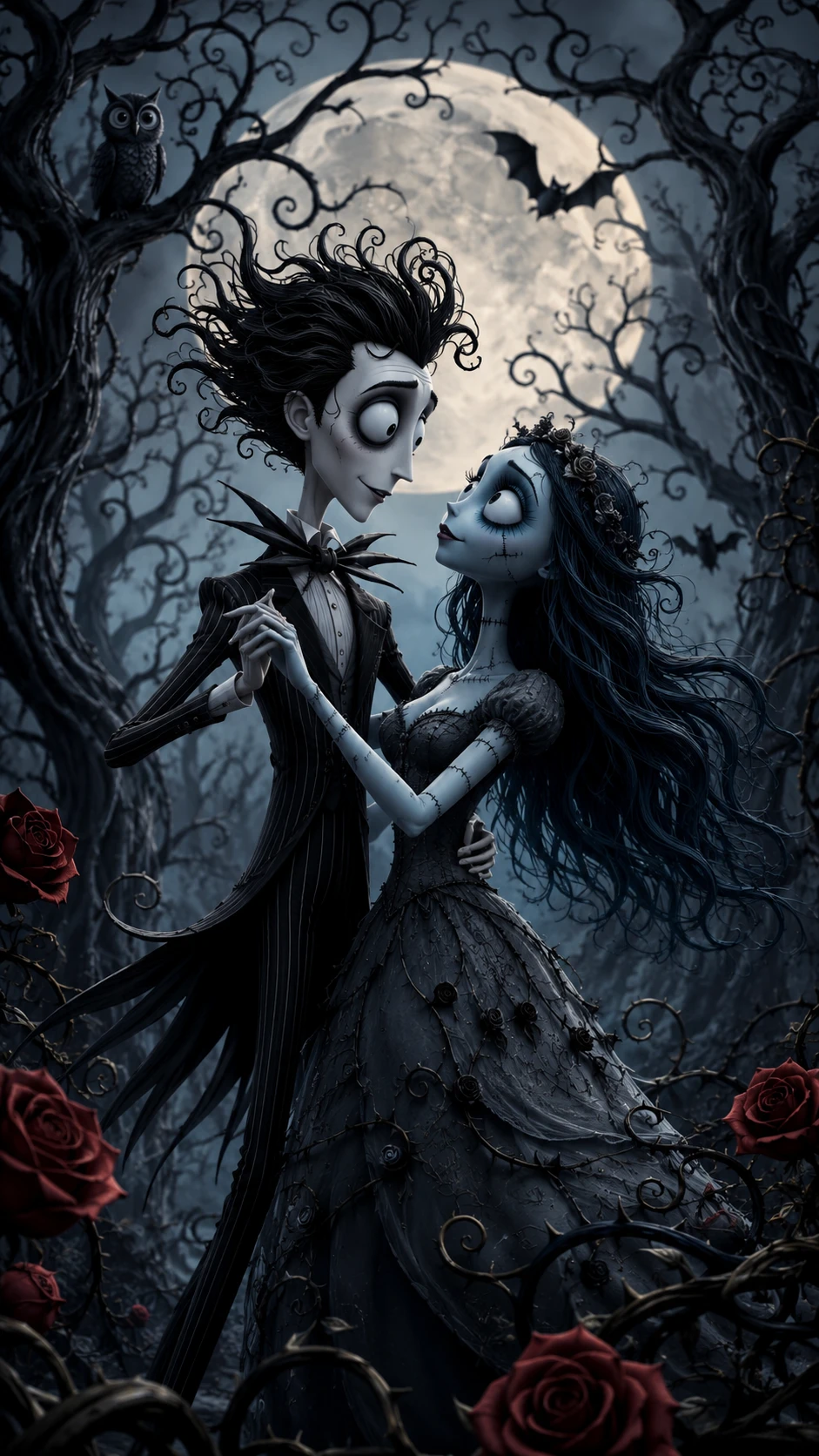 Gothic couple dancing in moonlit forest with owl and bats